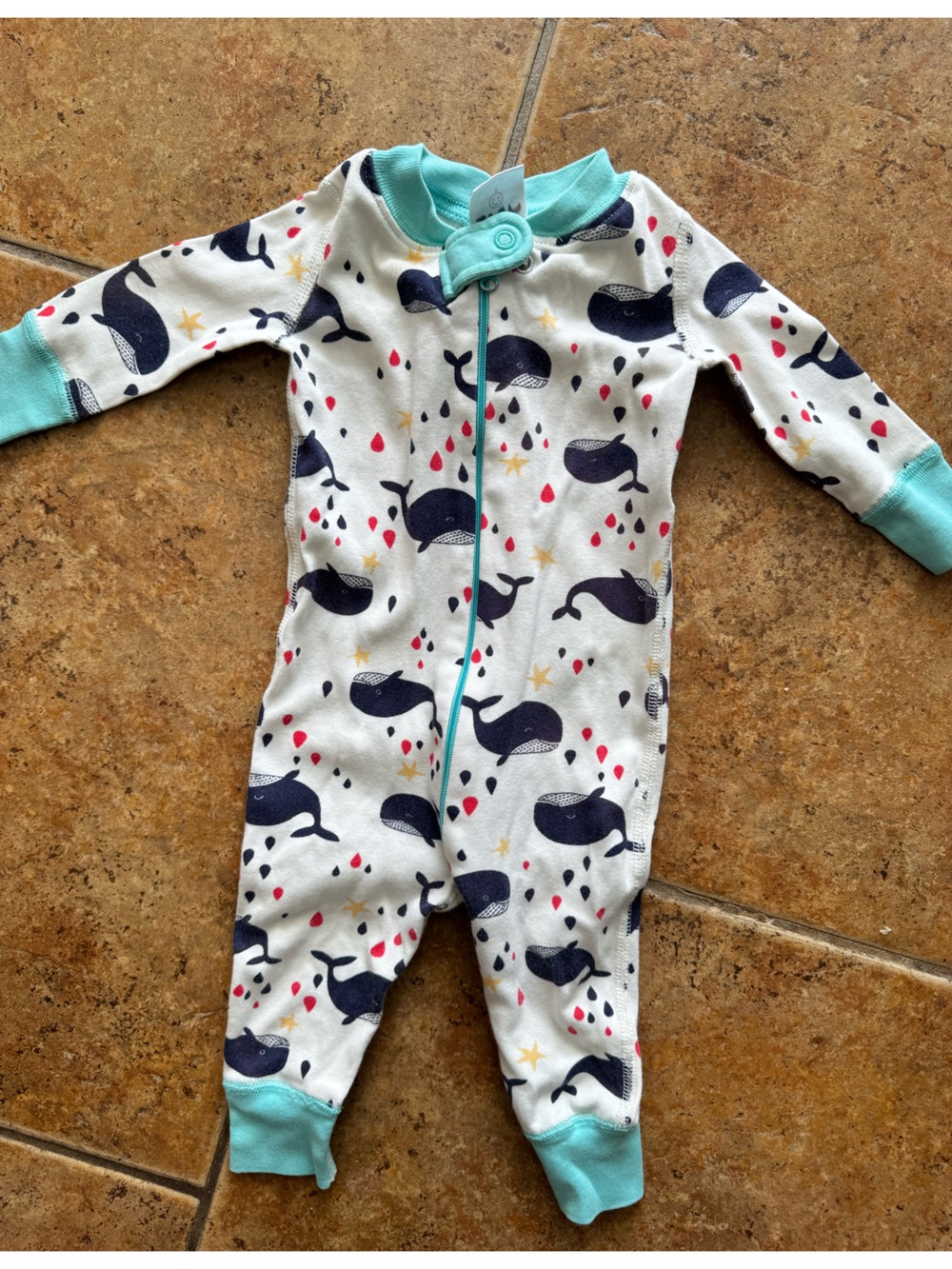 Hanna Andersson Navy Whale Print onesie with Teal Trim and Red Accents